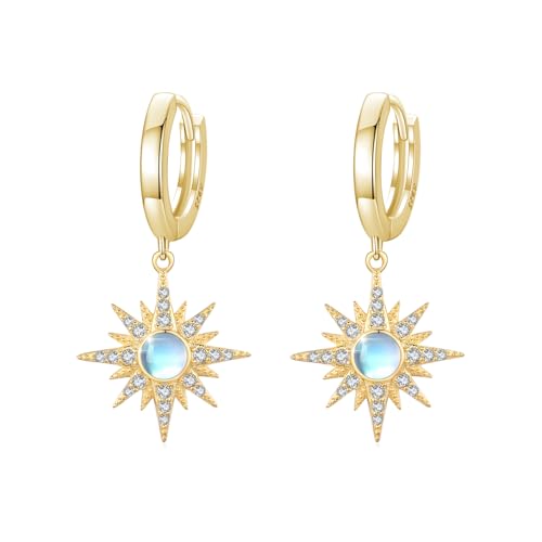 MEDWISE Mondstein Stern Creolen 925 Sterling Silber Ohrringe Gold Weihnachten Achtzackiger Stern Hänge Schmuck für Frauen Damen Freundin Mädchen Valentinstag von MEDWISE
