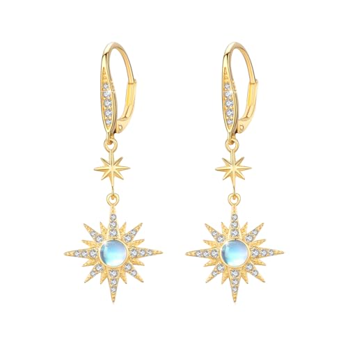 MEDWISE Mondstein Ohrringe Frauen 925 Sterling Silber Stern Ohrringe Tropfen Ohrringe Gold Weihnachten Achtzackiger Stern Hänge Ohrringe Mondstein Schmuck für Frauen Tochter Damen Freundin Liebhaber von MEDWISE
