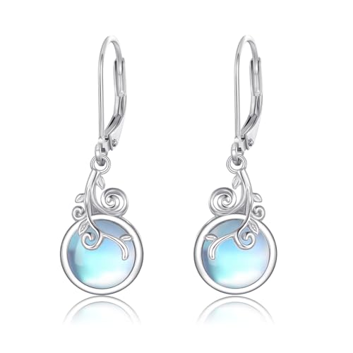MEDWISE Mondstein Ohrringe S925 Sterling Silber 8mm Mondstein Ohrhänger Baum des Lebens Schmuck Hypoallergenefür Frauen Ehefrau Freundin Tochter Geburtstagsgeschenk von MEDWISE