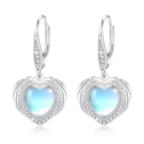 MEDWISE Mondstein Tropfen Ohrringe Damen 925 Sterling Silber Flügel Mondstein Ohrringe Herz Ohrringe Flügel Mondstein Schmuck für Mutter Mama Frauen Mädchen Geburtstag Geschenk von MEDWISE