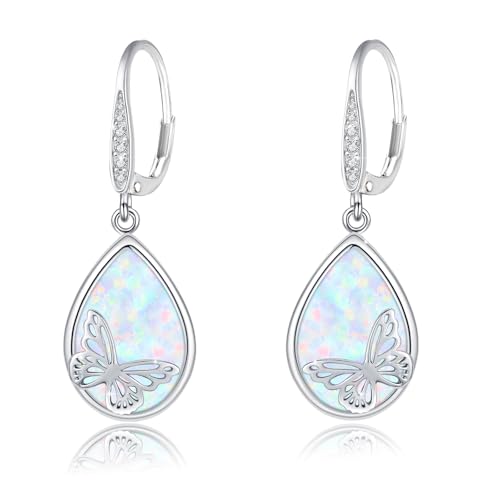MEDWISE Opal Ohrringe Mädchen 925 Sterling Silber Wassertropfen Hängend Schmetterling Ohrringe Hypoallergener Schmetterling Opal Schmuck für Damen Frauen Kinder Tochter Freundin Geburtstag von MEDWISE