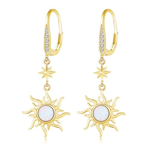 MEDWISE Opal Ohrringe aus S925 Sterling Silber mit Sonnen & Stern design Tropfenförmige Hängende Ohrringe in Gold Schmuckgeschenk für Frauen, Mädchen & Damen zum Geburtstag von MEDWISE