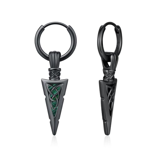 MEDWISE Pfeilspitze Schwarz Creolen Ohrringe 925 Sterling Silber Keltische Ohrringe Herren Pfeil Anhänger Hängend Malachit Schmuck Hypoallergener Geschenk für Damen Herren Teenager Unisex Geburtstag von MEDWISE