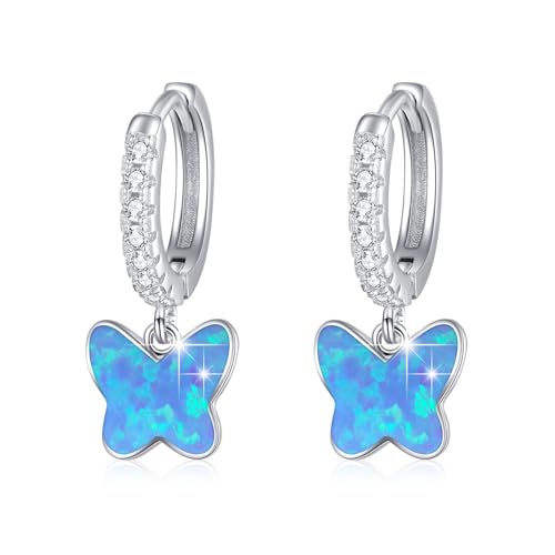 MEDWISE Schmetterling Creolen Mädchen Silber 925 Blaue Opal Hängend Hypoallergener Ohrringe Schmetterling Opal Schmuck für Damen Frauen Kinder Tochter Ehefrau von MEDWISE