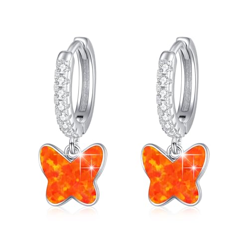 MEDWISE Schmetterling Creolen Mädchen Silber 925 Orange Opal Hängend Hypoallergener Orange Ohrringe Schmetterling Opal Schmuck für Damen Frauen Kinder Tochter Enkelin Ehefrau Weihnachts Geschenk von MEDWISE