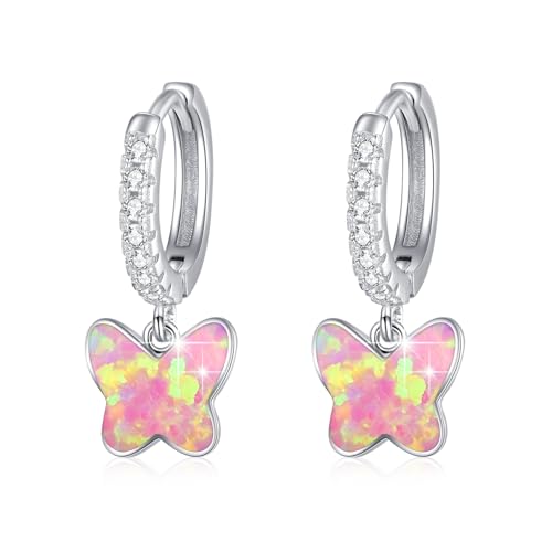 MEDWISE Schmetterling Creolen Mädchen Silber 925 Pink Opal Hängend Hypoallergener Pink Ohrringe Schmetterling Opal Schmuck für Damen Frauen Kinder Tochter Ehefrau Weihnachts Geschenk von MEDWISE