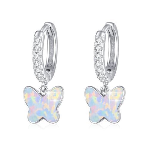 MEDWISE Schmetterling Creolen Ohrringe Mädchen 925 Sterling Silber Opal Ohrringe Schmetterling Hängend Hypoallergener Ohrringe Schmetterling Schmuck für Damen Frauen Kinder Tochter Ehefrau von MEDWISE