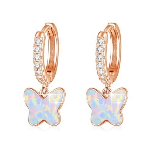 MEDWISE Schmetterling Creolen Ohrringe Roségold Mädchen 925 Sterling Silber Opal Ohrringe Schmetterling Hängend Opal Kleine Ohrringe Schmetterling Schmuck für Damen Frauen Kinder Tochter Enkelin von MEDWISE