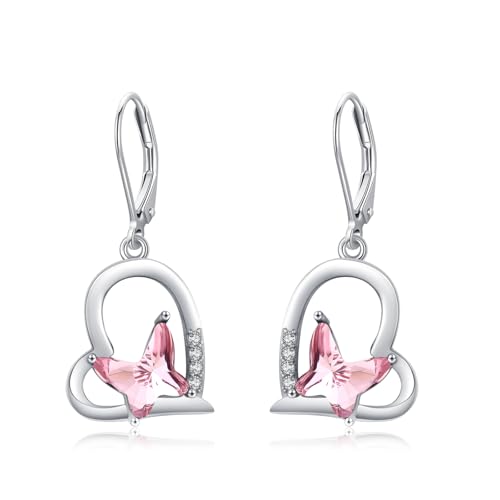 MEDWISE Schmetterling Ohrringe - Damen & Kinder Silber Herz Hängende Ohrringe in Hell Pink von MEDWISE