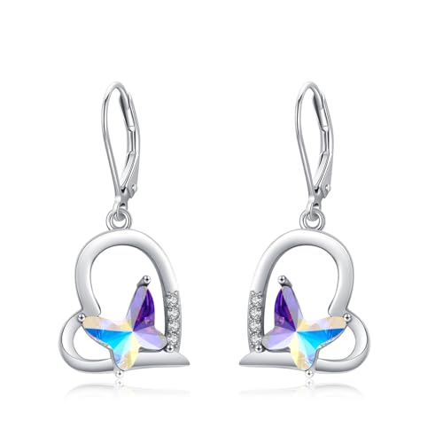 MEDWISE Schmetterling Ohrringe - 925 Sterling Silber Herz Hängend Tropfen Ohrringe mit Mondsteinweiß - Hypoallergener Schmetterling Schmuck für Damen, Frauen und Kinder von MEDWISE