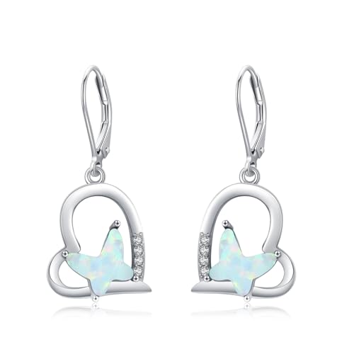 MEDWISE Schmetterling Opal Ohrringe Mädchen 925 Sterling Silber Herz Ohrringe Hängend Tropfen Ohrringe Hypoallergener Schmetterling Schmuck für Damen Frauen Kinder Tochter Freundin von MEDWISE
