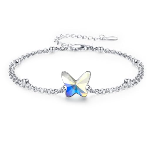 MEDWISE Schmetterlings Armband 925 Sterling Silber Mondsteinweiß Kristall Armbänder Doppelkette Verstellbar Armbänder Schmetterlings Schmuck Geschenke für Frauen Damen Mädchen Geschenke von MEDWISE