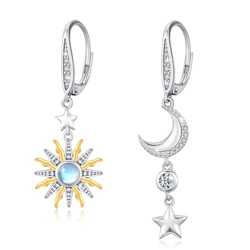 MEDWISE Sonne Mond Ohrringe 925 Sterling Silber Sonne Gold Mond Ohrringe Tropfen Ohrringe Asymmetrische Ohrringe Mondstein Schmuck für Mädchen Frauen Tochter Damen Geschenk von MEDWISE