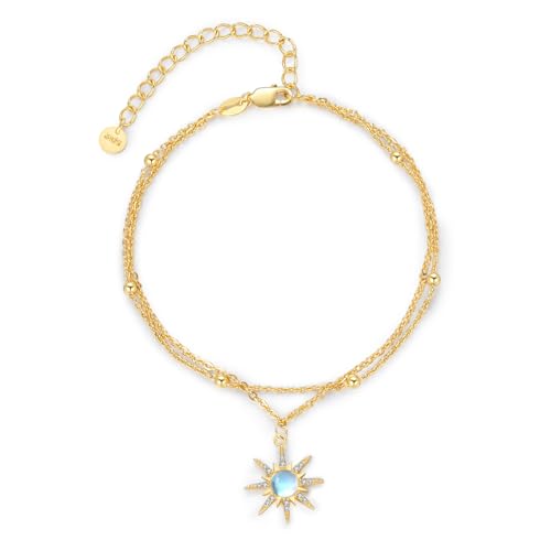MEDWISE Stern Armband S925 Sterling Silber Keltische Gold Stern Vergoldete Doppelkette Armbänder Verstellbares Armbändchen Geschichtetes Mondstein Schmuck Damen Geschenke für Frauen Liebhaber Tochter von MEDWISE