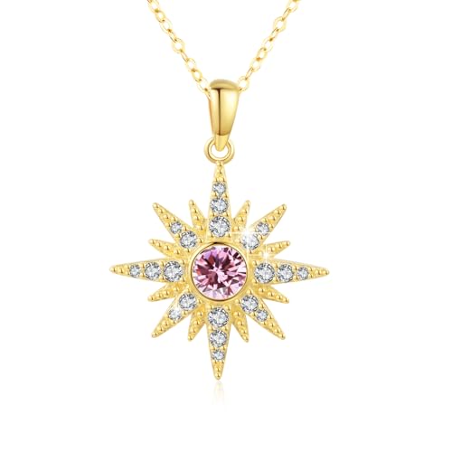 MEDWISE Kette Frauen 925 Sterling Silber Gold Achtzackiger Stern Halskette Vergoldete mit Hell Pink Zirkonia Geburtsstein Schmuck für Damen Mädchen Tochter Freundin Weihnachts von MEDWISE