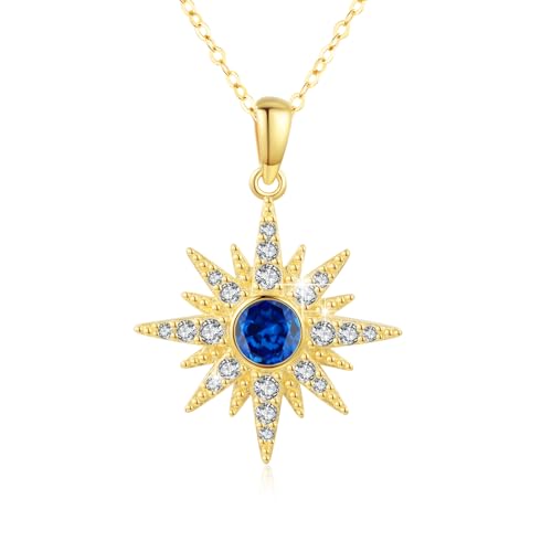 MEDWISE Stern Kette Frauen 925 Sterling Silber Gold Achtzackiger Stern Halskette Vergoldete mit Navy Blau Zirkonia Kette Gold Stern Geburtsstein Schmuck für Damen Mädchen Tochter Freundin Weihnachts von MEDWISE