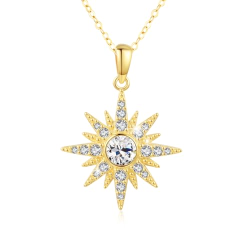 MEDWISE Stern Kette Frauen 925 Sterling Silber Gold Achtzackiger Stern Halskette Vergoldete mit Weiß Zirkonia Kette Gold Stern Mondstein Schmuck für Damen Mädchen Tochter Freundin Geschenk Weihnachts von MEDWISE