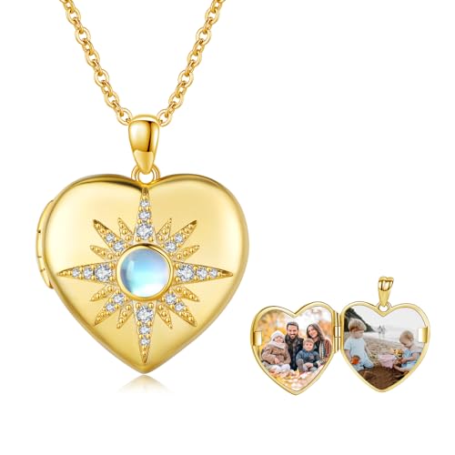 MEDWISE Stern Kette 925 Sterling Silber Gold Achtzackiger Stern Sonne Kette Anhänger Foto Medaillon Vergoldete Mondstein Gold Schmuck für Damen Mädchen Freundin Tochter Freundin Frauen von MEDWISE