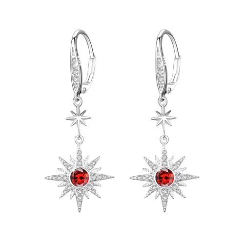 MEDWISE Stern Ohrringe Frauen 925 Sterling Silber Ohrringe mit Rot Zirkonia Tropfen Ohrringe Achtzackiger Stern Ohrringe Stern Hänge Ohrringe Stern Schmuck für Damen Frauen Liebhaber Freundin Mama von MEDWISE
