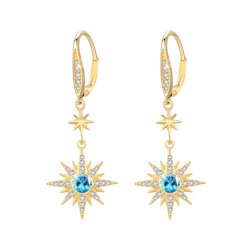 MEDWISE Stern Ohrringe 925 Sterling Silber Tropfen Gold Blaue Zirkonia Achtzackiger Hängend Schmuck für Frauen Tochter Damen Mutter Mama Geschenk von MEDWISE