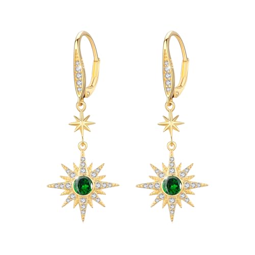 MEDWISE Stern Ohrringe 925 Sterling Silber Ohrhänger Gold Mit Dunkelgrün Zirkonia Achtzackiger Hänge Schmuck für Frauen Tochter Damen Mutter von MEDWISE