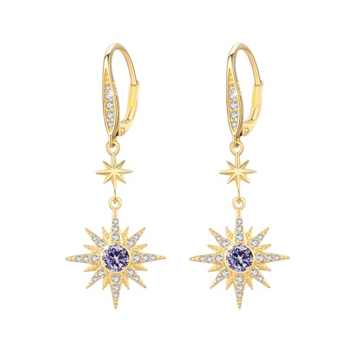 MEDWISE Stern Ohrringe Frauen 925 Sterling Silber Stern Ohrringe Tropfen Ohrringe Gold Helles Lila Zirkonia Achtzackiger Stern Hänge Ohrringe Schmuck für Frauen Tochter Damen von MEDWISE