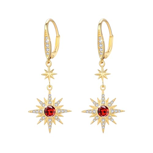 MEDWISE Stern Ohrringe Frauen 925 Sterling Silber Stern Ohrringe Tropfen Ohrringe Gold mit Rot Zirkonia Achtzackiger Stern Hänge Ohrringe Hypoallergener Stern Schmuck für Frauen Damen Mutter von MEDWISE