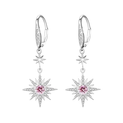 MEDWISE Stern Ohrringe Frauen - 925er Sterlingsilber mit Hell Pink Zirkonia Tropfen - Achtzackiger Stern Hänge Ohrringe - Schmuck für Damen, Freundin, Mama von MEDWISE