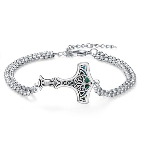 MEDWISE Thors Hammer Armband S925 Sterling Silber Baum des Lebens Keltisches Abalone Muschel Armband 7+2 Zoll Edelstahl Anhänger Verstellbar Wikinger Geschenk Schmuck für Damen Unisex Herren Männer von MEDWISE