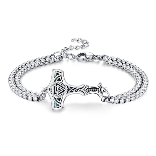 MEDWISE Thors Hammer Armband S925 Sterling Silber Valknut Keltisches Mjölnir Armband 7.5+2 Zoll Edelstahl Anhänger Verstellbar Wikinger Geschenk Schmuck für Damen Unisex Herren Geburtstag Geschenk von MEDWISE