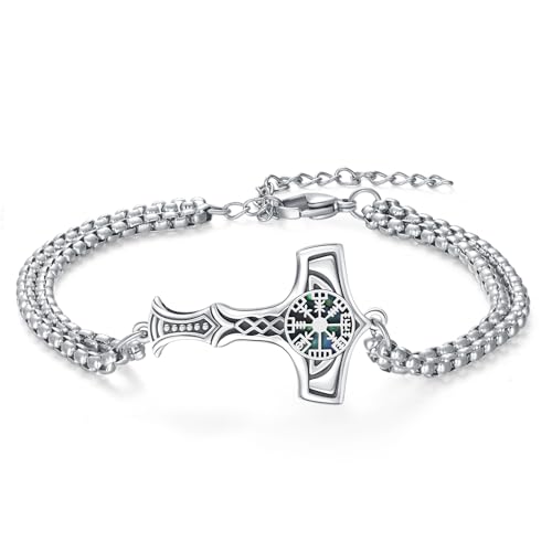 MEDWISE Thors Hammer Armband S925 Sterling Silber Wikinger Keltisches Mjölnir Armband 7+2 Zoll Edelstahl Anhänger Verstellbar Wikinger Geschenk Schmuck für Damen Unisex Herren Weihnachts Geschenk von MEDWISE