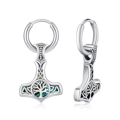 MEDWISE Thors Hammer Creolen Ohrringe 925 Sterling Silber Baum des Lebens Ohrringe Mjölnir Anhänger Ohrringe Abalone Muschel Hängend Ohrringe Schmuck Geschenk für Damen Männer Teenager Unisex von MEDWISE