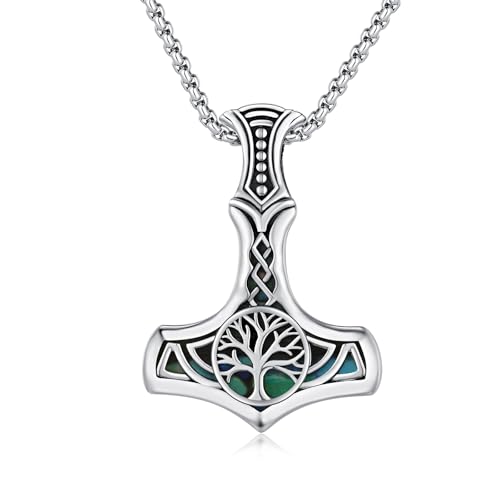 MEDWISE Thors Hammer Kette 925 Sterling Silber Baum des Lebens Keltisches Kette Mjölnir Anhänger Abalone Muschel Lebensbaum Anhänger Schmuck für Damen Unisex Herren Teenager von MEDWISE