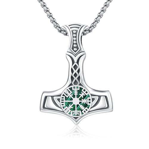 MEDWISE Thors Hammer Halskette 925 Sterling Silber Wikinger Keltisches Kette Mjölnir Anhänger Malachit Kette Wikinger Anhänger Schmuck für Damen Unisex Männer Herren Geschenke von MEDWISE