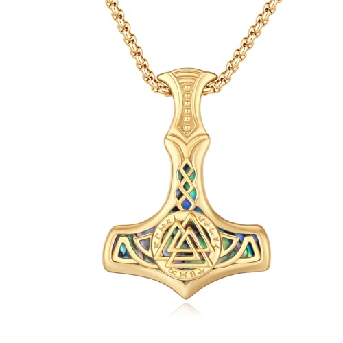 MEDWISE Thors Hammer Halskette Gold 925 Sterling Silber Valknut Keltisches Kette Mjölnir Anhänger Abalone Muschel Kette Wikinger Valknut Anhänger Schmuck für Damen Herren Teenager Valentinstag von MEDWISE