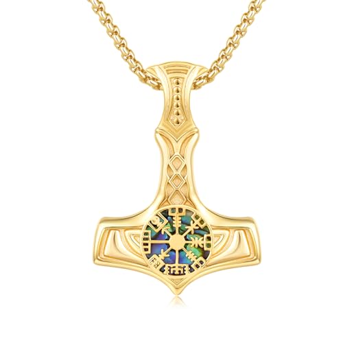 MEDWISE Thors Hammer Halskette 14K Gold 925 Sterling Silber Wikinger Keltisches Kette Mjölnir Anhänger Abalone Muschel Kette Wikinger Anhänger Schmuck für Damen Unisex Herren Weihnachts von MEDWISE