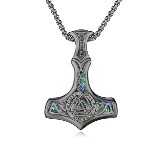 MEDWISE Thors Hammer Kette Schwarz 925 Sterling Silber Valknut Keltisches Kette Mjölnir Anhänger Abalone Muschel Wikinger Valknut Amulett Schmuck für Damen Herren Männer Weihnachts von MEDWISE