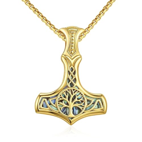MEDWISE Thors Hammer Kette 18K Gold 925 Sterling Silber Lebensbaum Keltisches Kette Mjölnir Anhänger Abalone Muschel Halskett Lebensbaum Anhänger Schmuck für Damen Freundin Unisex Herren von MEDWISE
