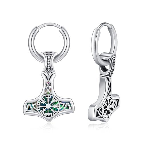 MEDWISE Thors Hammer Creolen Ohrringe 925 Sterling Silber Wikinger Ohrringe Mjölnir Herren Ohrringe Keltisches Hängend Ohrringe Schmuck Geschenk für Sohn Damen Männer Teenager Unisex Valentinstag von MEDWISE