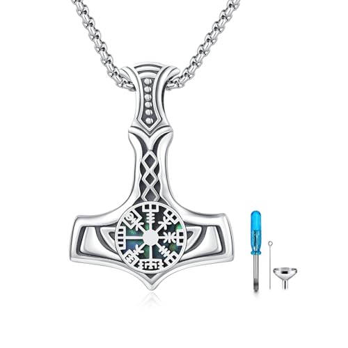 MEDWISE Thors Hammer Wikinger Urne Halskette für Asche 925 Sterling Silber Keltisches Urnen-Anhänger Amulett Schmuck Memorial Halskette mit Befüllungs-Set für Damen von MEDWISE