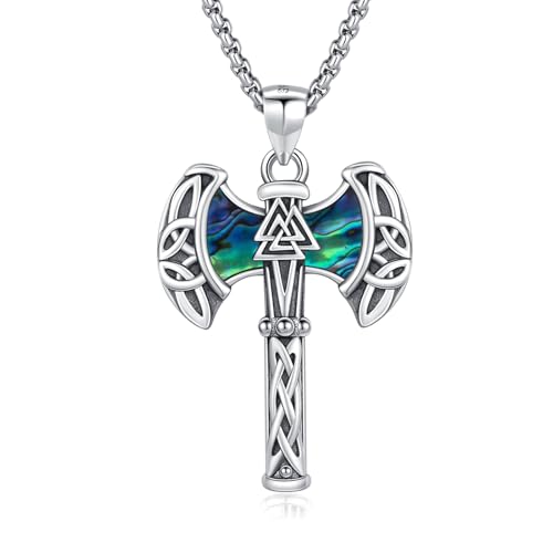 MEDWISE Wikinger Axt Halskette 925 Sterling Silber Wikinger Keltisches Kette Axt Anhänger Abalone Muschel Kette Valknut Anhänger Schmuck für Damen Unisex Männer Herren Teenager Geschenke von MEDWISE