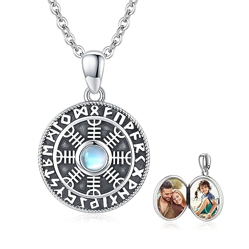 MEDWISE Wikinger Foto Medaillon Kette 925 Sterling Silber Medaillon Mondstein Kette Medaillon Amulett mit Foto Mondstein Amulett Schmuck für Frauen Mädchen Damen Tochter Jungen Mutter Geschenke von MEDWISE