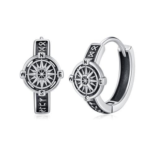 MEDWISE Unisex Creolen Wikinger Kompass Ohrringe für Herren 925 Sterling Silber Creolen Herren Keltische Hoop Wikinger Vintage Ohrringe für Männer Herren Damen Frauen Geburtstag Geschenke von MEDWISE