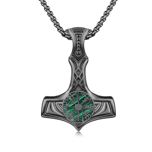 MEDWISE Wikinger Thors Hammer Halskette Schwarz 925 Sterling Silber Keltisches Kette Mjölnir Anhänger Malachit Kette Wikinger Schwarz Schmuck Hypoallergener für Damen Unisex Herren Teenager Geschenke von MEDWISE