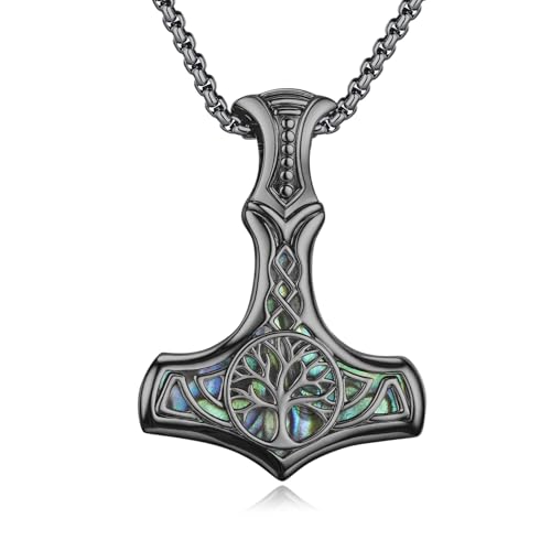 MEDWISE Wikinger Thors Hammer Kette Schwarz 925 Sterling Silber Baum des Lebens Keltisches Kette Mjölnir Anhänger Abalone Muschel Lebensbaum Anhänger Schmuck für Damen Unisex Herren Teenager von MEDWISE