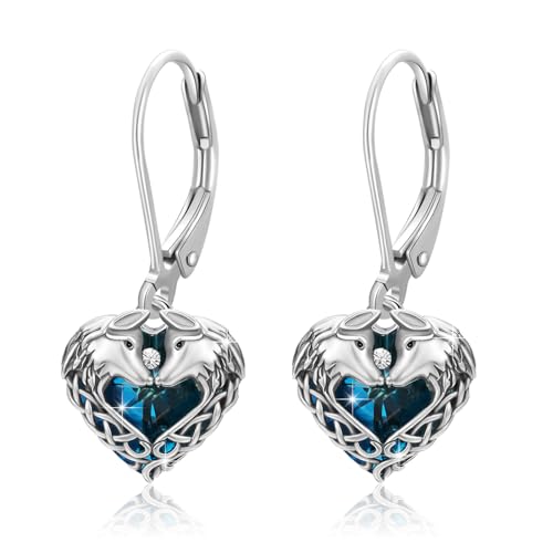 MEDWISE Wolf Ohrringe 925 Sterling Silber Herz Hängend Kristall Ohrhänger Keltischer Knoten Tier Schmuck für Damen Mädchen Frauen Ehefrau Mutter Mama Geburtstag von MEDWISE