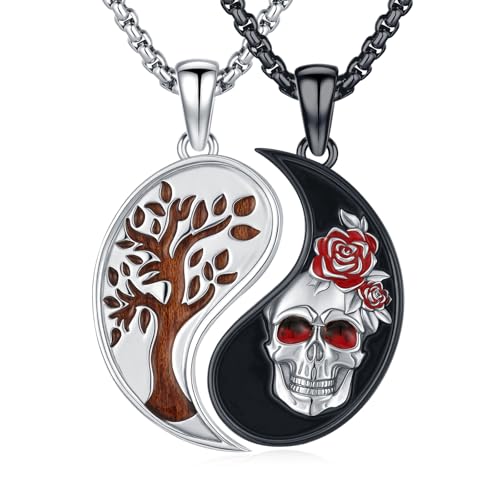 MEDWISE Yin Yang Kette 925 Sterling Silber Lebensbaum Anhänger Totenkopf Partner Ketten Ebenholz Halskette Yin Yang Schmuck Geschenke für Damen Herren Couple Paar Sie und Ihn von MEDWISE