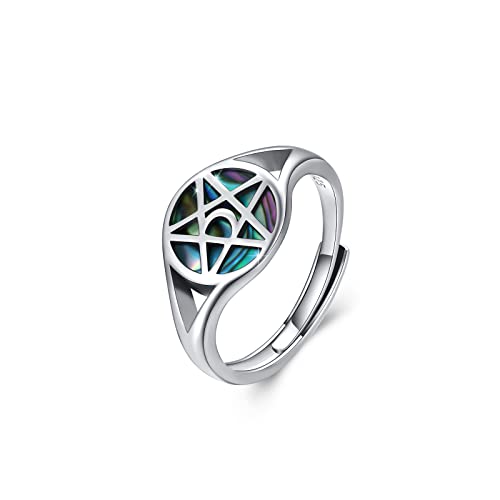 Pentagramm Ringe 925 Sterling Silber Pentagramm Amulett Ring Pentacle Abalone Mond und Stern Ring Wiccan Schmuck Geschenk für Damen Männer von MEDWISE