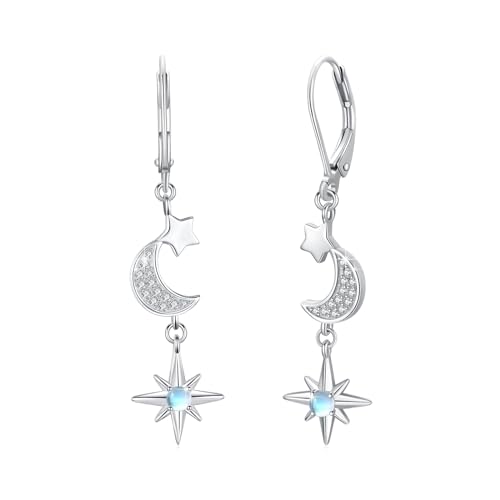 MEDWISE Mondstein Hängend Ohrringe 925 Sterling Silber Mondstein Stern Mond Tropfen Ohrringe Stern Mondstein Schmuck Geschenk für Frauen Mädchen Tochter Damen Mama Geburtstag von MEDWISE