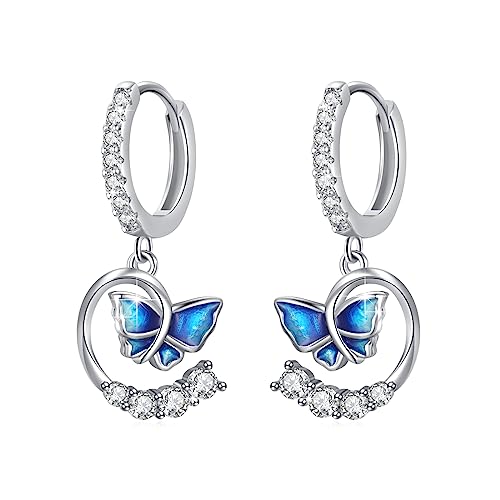 Schmetterling Creolen Ohrringe Damen 925 Sterling Silber Schmetterling Hängend Ohrringe Blauer Schmetterling Schmuck für Mama Frauen Mädchen Geschenke von MEDWISE